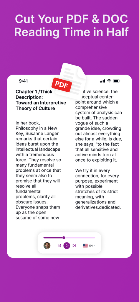 Text Reader - Text to Speech - Interfaz de la aplicación Speaktor que muestra un documento PDF convirtiéndose a voz con controles de reproducción de voz natural.
