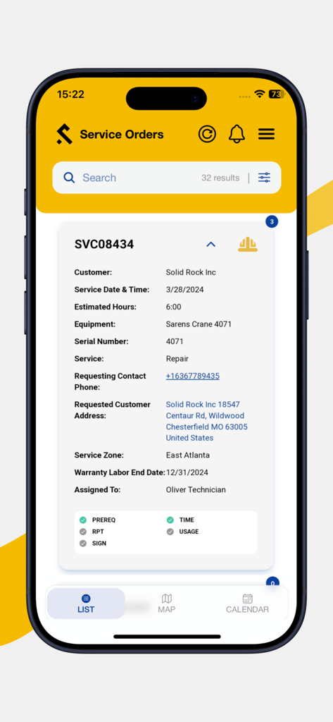 Detailed view of a service order within the Shepherd CMMS mobile app showing customer information and equipment details