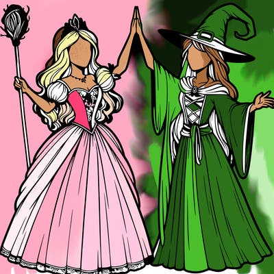 detailed realistic split of a princess and a witch