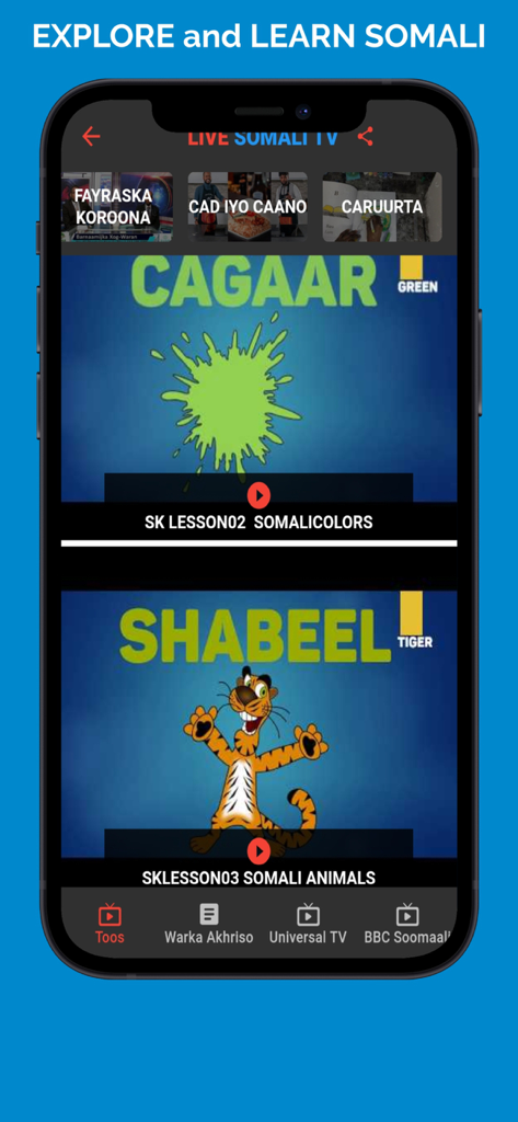 Live Somali TV app interface displaying language lessons for colors and animals