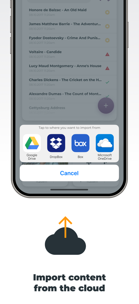 PromptSmart Pro teleprompter app interface showing cloud storage import options for scripts like Google Drive and Dropbox