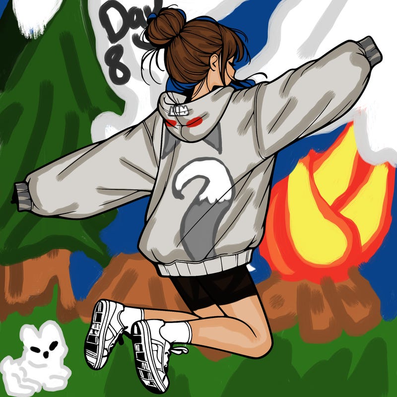 realistic girl jumping with a bun and oversized sweatshirt