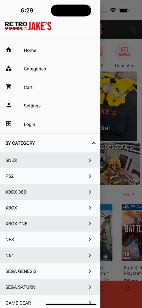 Retro Jake's Mobile - Menú lateral de la aplicación móvil Retro Jakes mostrando categorías de videojuegos retro como SNES, NES y N64