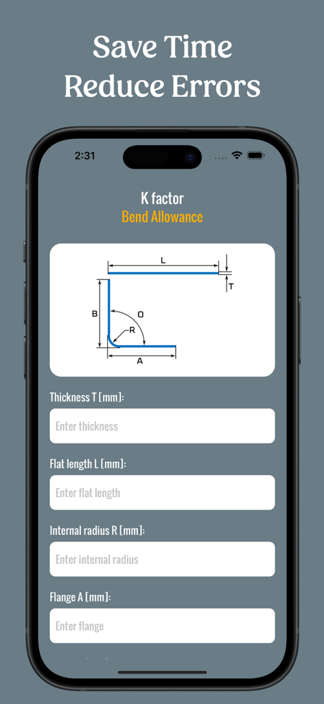 K - factor for bend allowance - 板金曲げパラメータの入力フィールドを示すKファクター曲げしろ計算機アプリのインターフェース