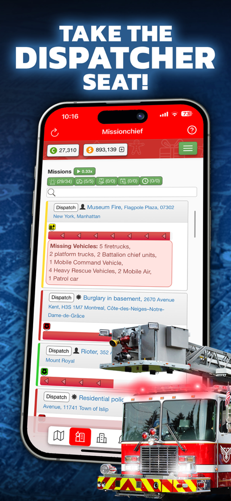 Mission Chief Fire Fighter 911 - Emergency dispatcher interface in the Mission Chief Fire Fighter 911 mobile game showing mission lists and fire trucks.