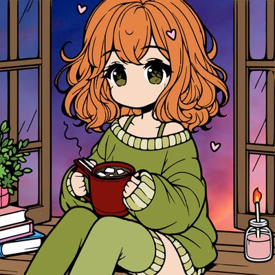 cute anime girl reading book and drinking hot chocolate from mug with loose wavy hair wearing a baggy sweatshirt and shorts sitting by windowsill looking out