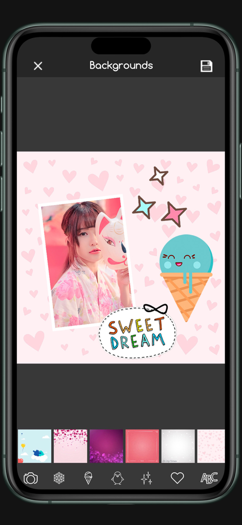 Kawaii Photo Editor Stickers - Interface of Kawaii Photo Editor showing a photo decorated with cute stickers and a pink heart background