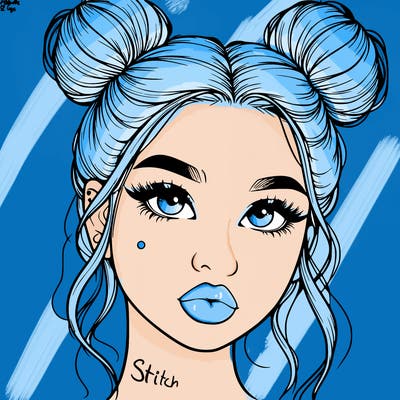 realistic girl with two buns on her hair and lips