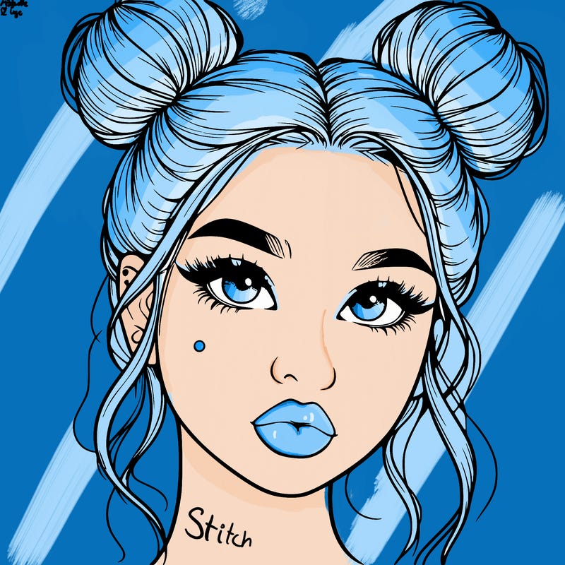 realistic girl with two buns on her hair and lips