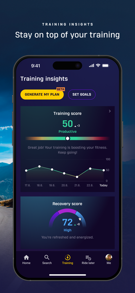 ROUVY Companion app training insights screen displaying training score graph and recovery score gauge.