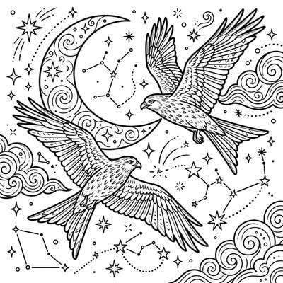Embark on a creative journey with this captivating coloring page featuring two graceful kites soaring beneath a mystical night sky. Adorned with a detailed crescent moon and sparkling stars, this design offers a unique blend of nature and celestial wonder.