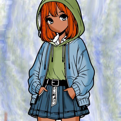 a manga girl wearing a jeans skirt and a hoodie