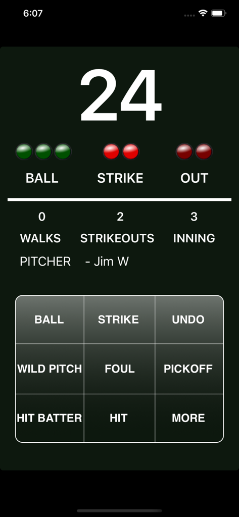 Interfaccia del contatore dei lanci di baseball che mostra il conteggio dei lanci, gli strike, le palle e gli out per un lanciatore