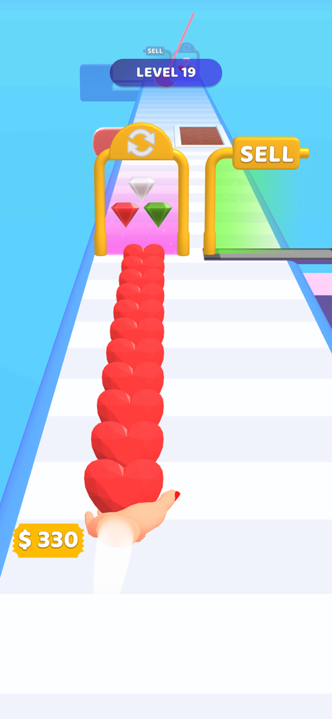 Gem Stack - A hand carrying a tall stack of red heart shaped gems along a white track in the Gem Stack mobile game