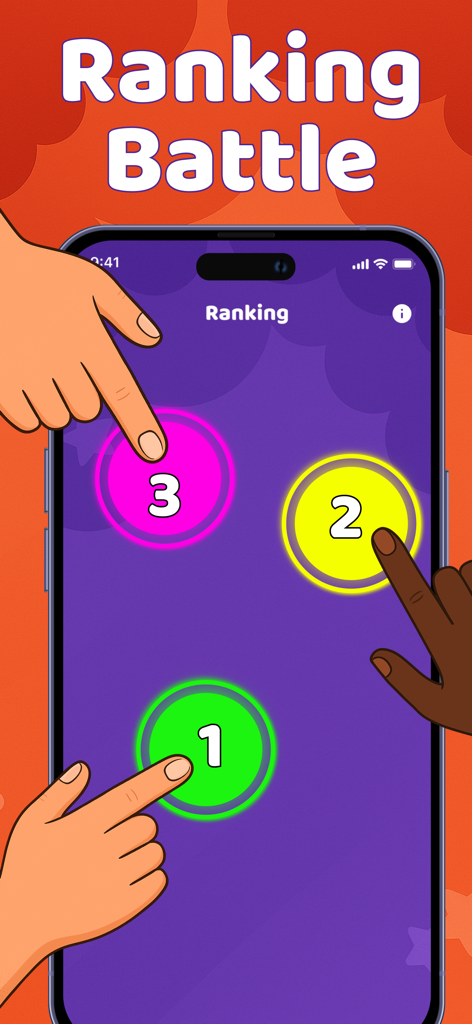 Finger Picker - Random Chooser - Screenshot of the Finger Picker app showing the Ranking Battle mode with three fingers assigned random numbers on a smartphone screen