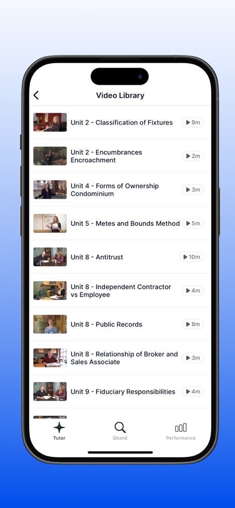 Biblioteca de videos de la aplicación Dearborn que muestra unidades y lecciones de preparación para el examen inmobiliario