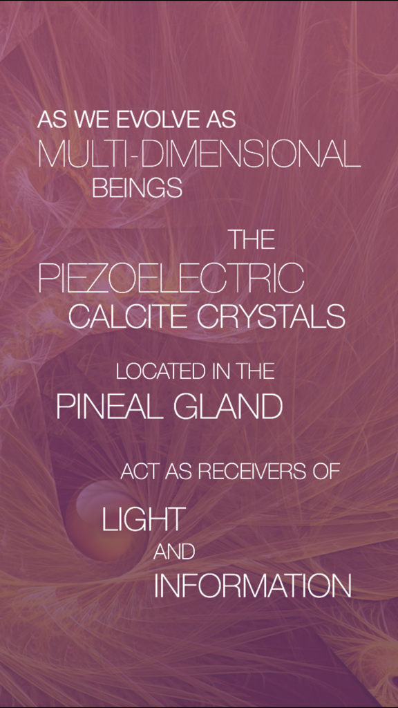 Texte sur l'évolution multidimensionnelle et la glande pinéale sur fond violet abstrait.