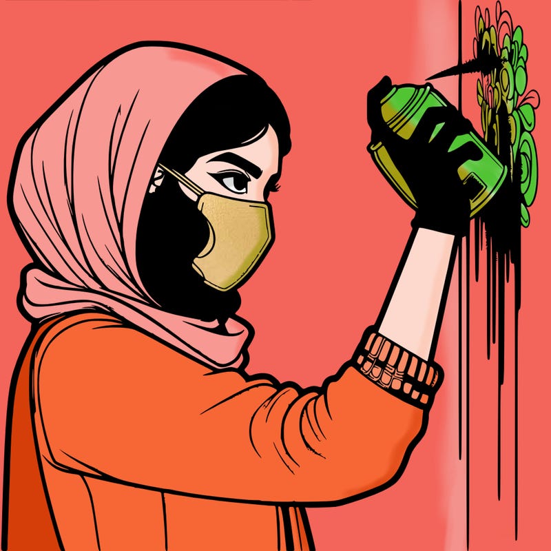 realistic girl with mask spray painting a wall