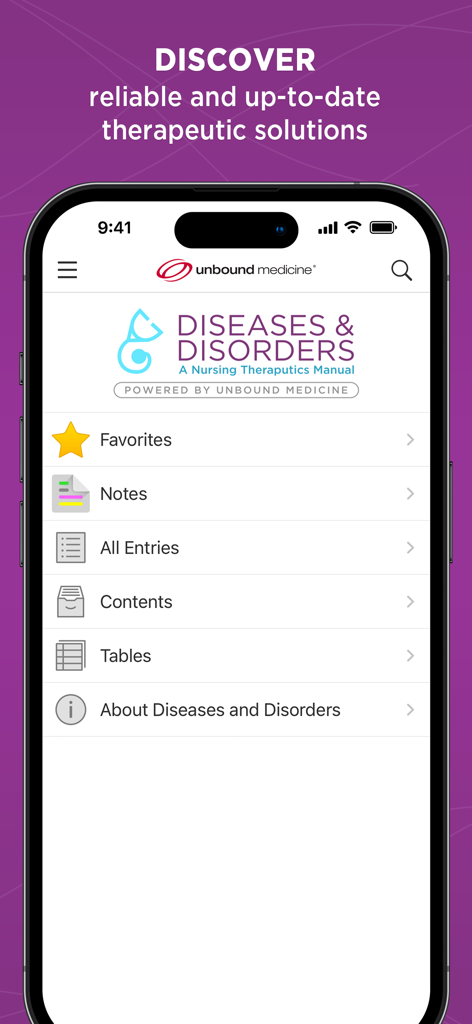 Diseases & Disorders - iPhone上の「疾患と障害」看護治療アプリのメインメニュー。お気に入り、メモ、項目のオプションが表示されています。