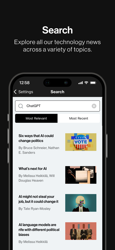 MIT Technology Review - AI と ChatGPT のニュース結果が表示された MIT Technology Review アプリの検索画面