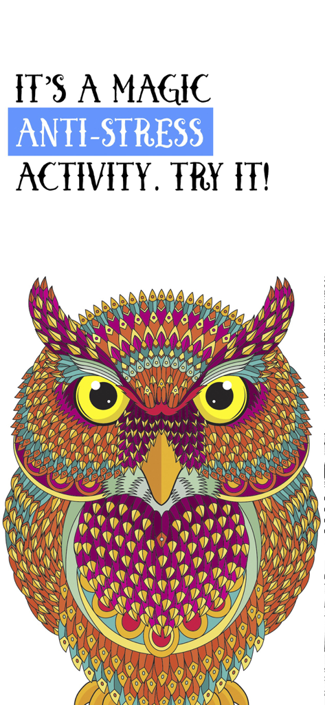 Detailed owl illustration in a coloring app with anti stress activity text