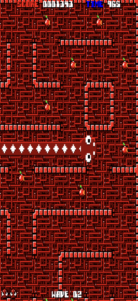 Uma tela de jogo em pixel art retrô do Nibbler Remake mostrando uma cobra navegando em um labirinto vermelho para coletar maçãs com exibições de pontuação e tempo