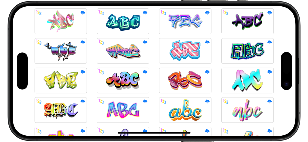 A library of colorful and creative graffiti font styles for tag making in the app.