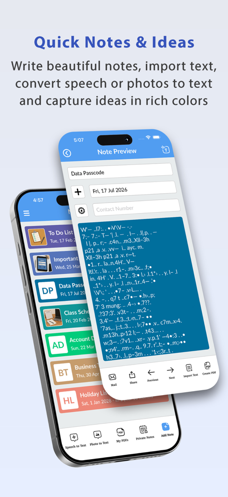 Interfaz de la aplicación NotePad Pro mostrando una lista de notas categorizadas y una pantalla de vista previa de notas en iPhone.