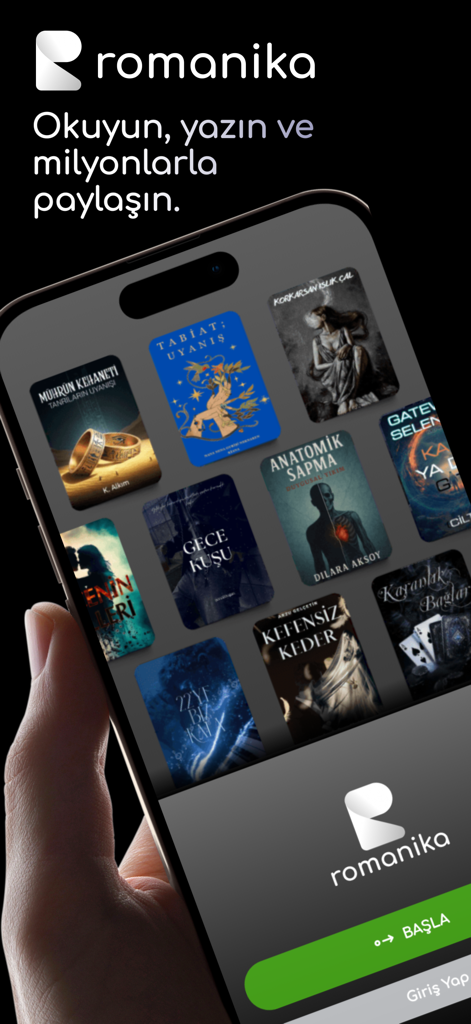 Romanika - Una mano che tiene uno smartphone che mostra la schermata dell'app Romanika con una galleria di copertine di libri e un pulsante di avvio.