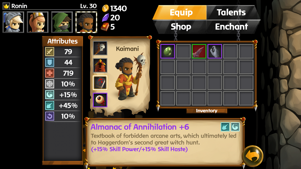 Character inventory and attribute management screen in Battleheart 2 showing hero stats and equipment.