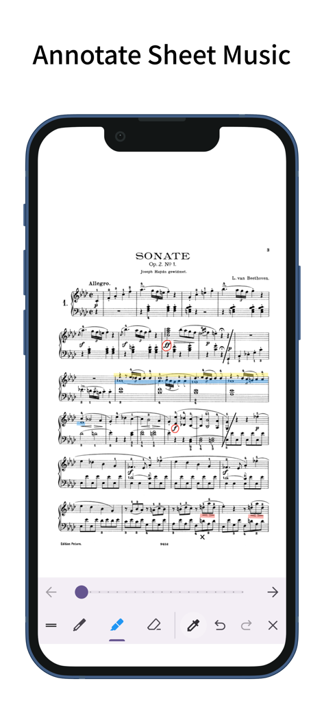 ScorePDF: Sheet Music Viewer - iPhone displaying ScorePDF app with annotated sheet music and drawing tools