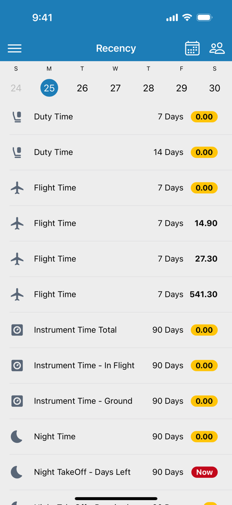 A mobile app screen displaying aviation recency records like duty and flight time for regional airline crew