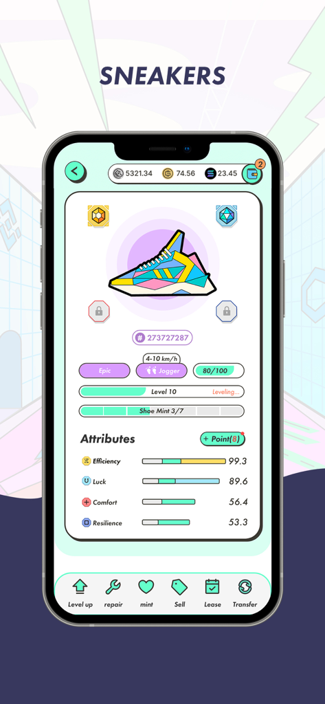 Interface de l'application STEPN montrant les attributs des baskets NFT et les statistiques de progression