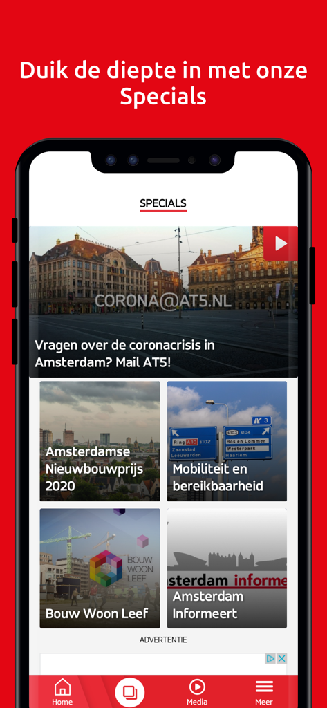 AT5 news app specials section showing categories like Amsterdam architecture and local mobility.