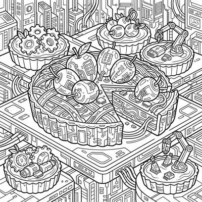 Step into a world where delicious desserts meet dystopian design with this unique cyberpunk fruit tarts coloring page. Unleash your creativity by adding vibrant hues to circuit-laden apples, robotic cherries, and a futuristic cityscape.