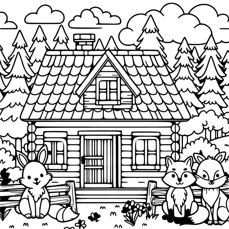 house in a forest with rabbits and foxes