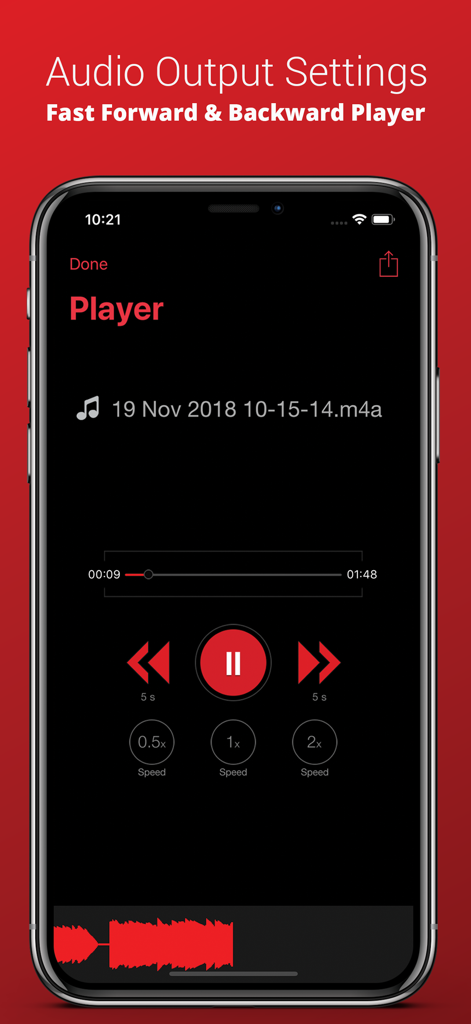 Voice Recorder Plus Pro audio player screen featuring playback speed adjustments and skip controls