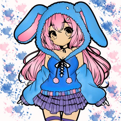 pretty anime girl wearing a fluffy hoodie with bunny ears on the hood and a skirt