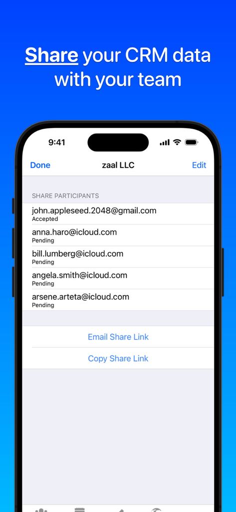 Interface for sharing CRM data with team members in the Contacts Journal app
