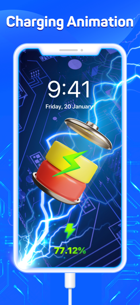 Pantalla de smartphone que muestra una animación futurista de carga de batería con chispas eléctricas