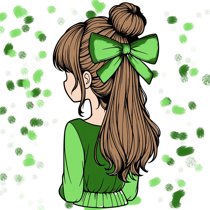 realistic girl  with hip length hair a bun and a big bow on the back of head