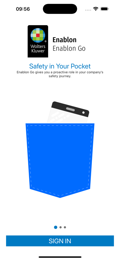 Tela de integração do aplicativo Enablon Go com o slogan Safety in Your Pocket e ilustração de smartphone