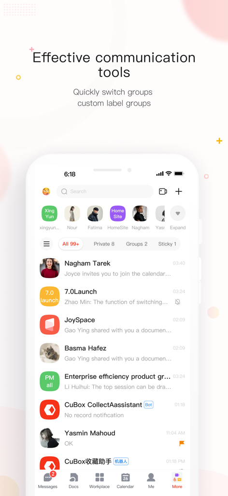 The messaging interface of the JoyME app highlighting effective communication tools and group chats