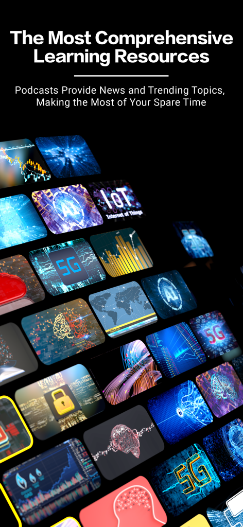 A collage of diverse English learning modules featuring trending professional topics like AI IoT and 5G