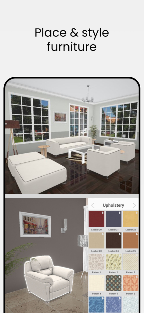 Home Decor - House Design Game - Home Decor ハウスデザインゲームのインターフェース、リビングルームのカスタマイズと家具の張り地スタイリングオプションを表示