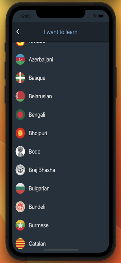 Bluebird: Learn Estonian - Schermata di selezione della lingua nell'app Bluebird che mostra un elenco di lingue disponibili con le loro bandiere