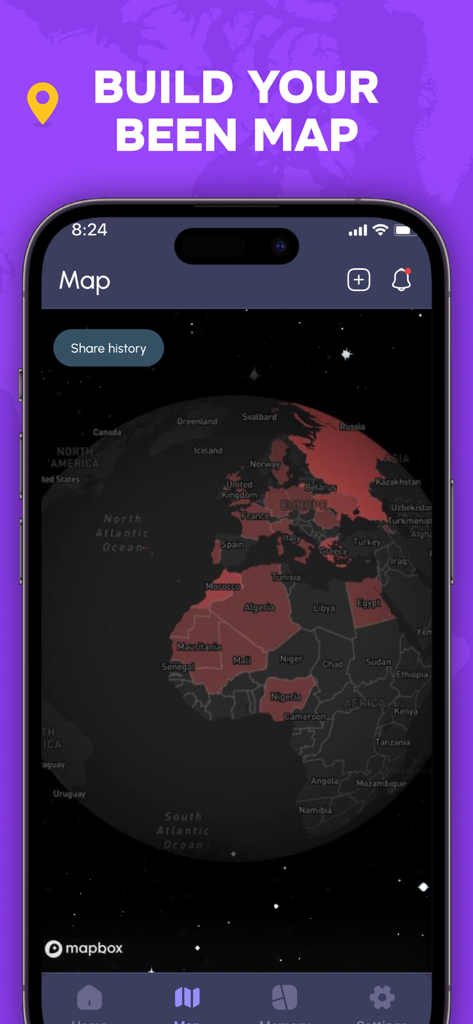 Travel Count - Country Tracker - Smartphone screen displaying an interactive world map with visited countries highlighted in red