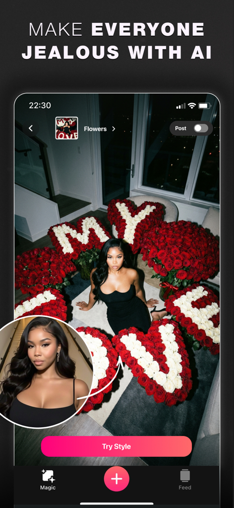 Glam AI: Video & Photo Editor - Glam AI App-Oberfläche, die ein Selfie einer Frau zeigt, das in ein luxuriöses Fotoshooting mit riesigen Rosensträußen verwandelt wurde.