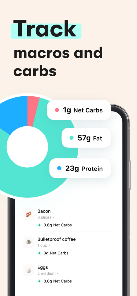 Keto Diet App interface showing macro breakdown and food journal for carb tracking