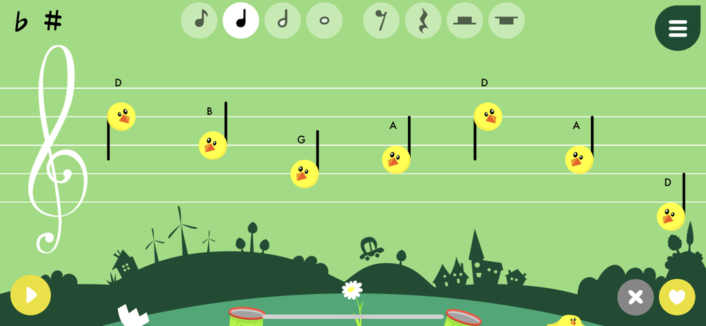 Music4Kids - Music4Kids app interface showing yellow bird musical notes on a staff with a green landscape background
